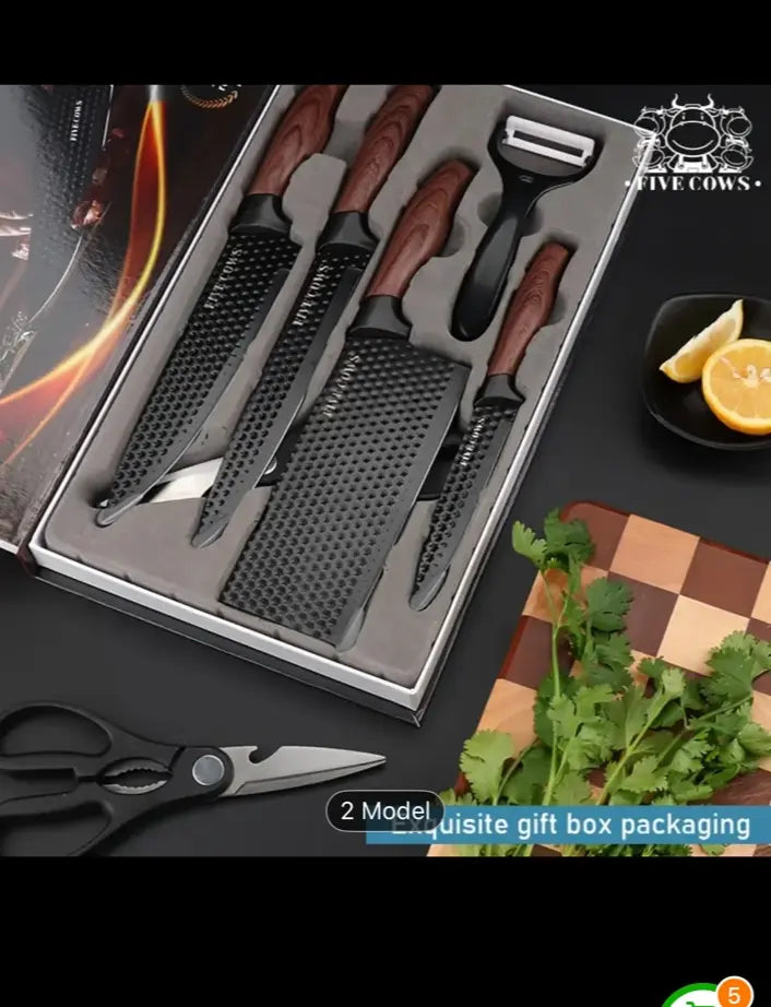 Professional Kitchen Knife Gift Set – 6-Piece Chef, Cleaver, Utility & Peeler – Premium Blades with Wood Grain Handles in Gift Box - Our3Designs