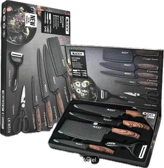 Professional Kitchen Knife Gift Set – 6-Piece Chef, Cleaver, Utility & Peeler – Premium Blades with Wood Grain Handles in Gift Box - Our3Designs