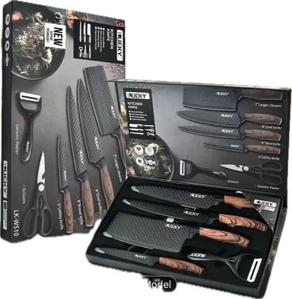 Professional Kitchen Knife Gift Set – 6-Piece Chef, Cleaver, Utility & Peeler – Premium Blades with Wood Grain Handles in Gift Box - Our3Designs