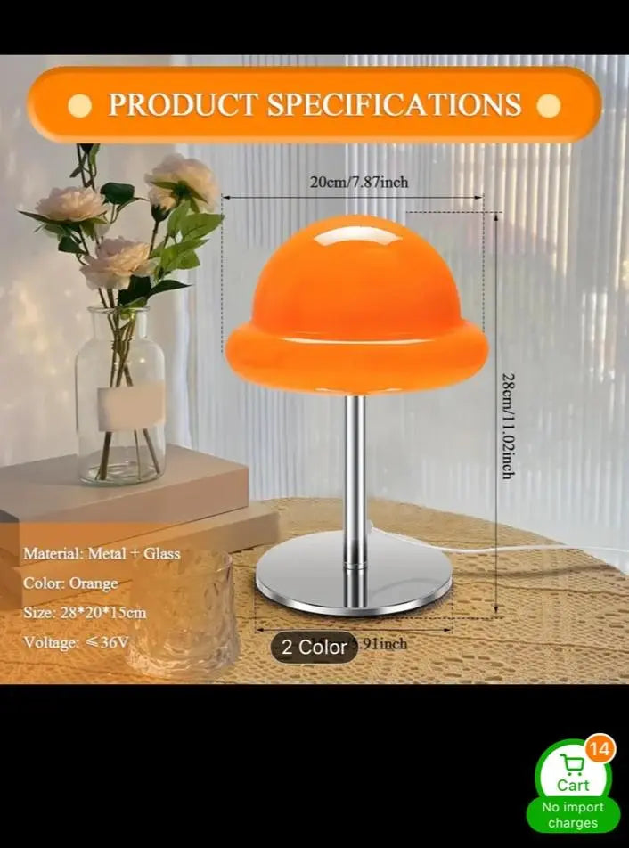 Modern Orange Glass Mushroom Lamp – Retro Bedside Light, Unique Gift, Home Office Decor - Our3Designs
