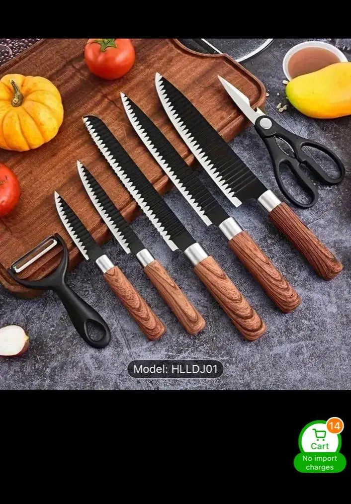 Professional 7-Piece Kitchen Knife Set – Gift-Ready Chef Cutlery with Wood Grain Handles & Peeler - Our3Designs