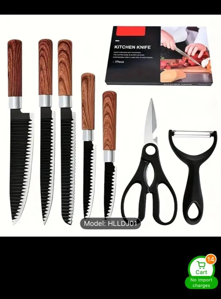 Professional 7-Piece Kitchen Knife Set – Gift-Ready Chef Cutlery with Wood Grain Handles & Peeler - Our3Designs