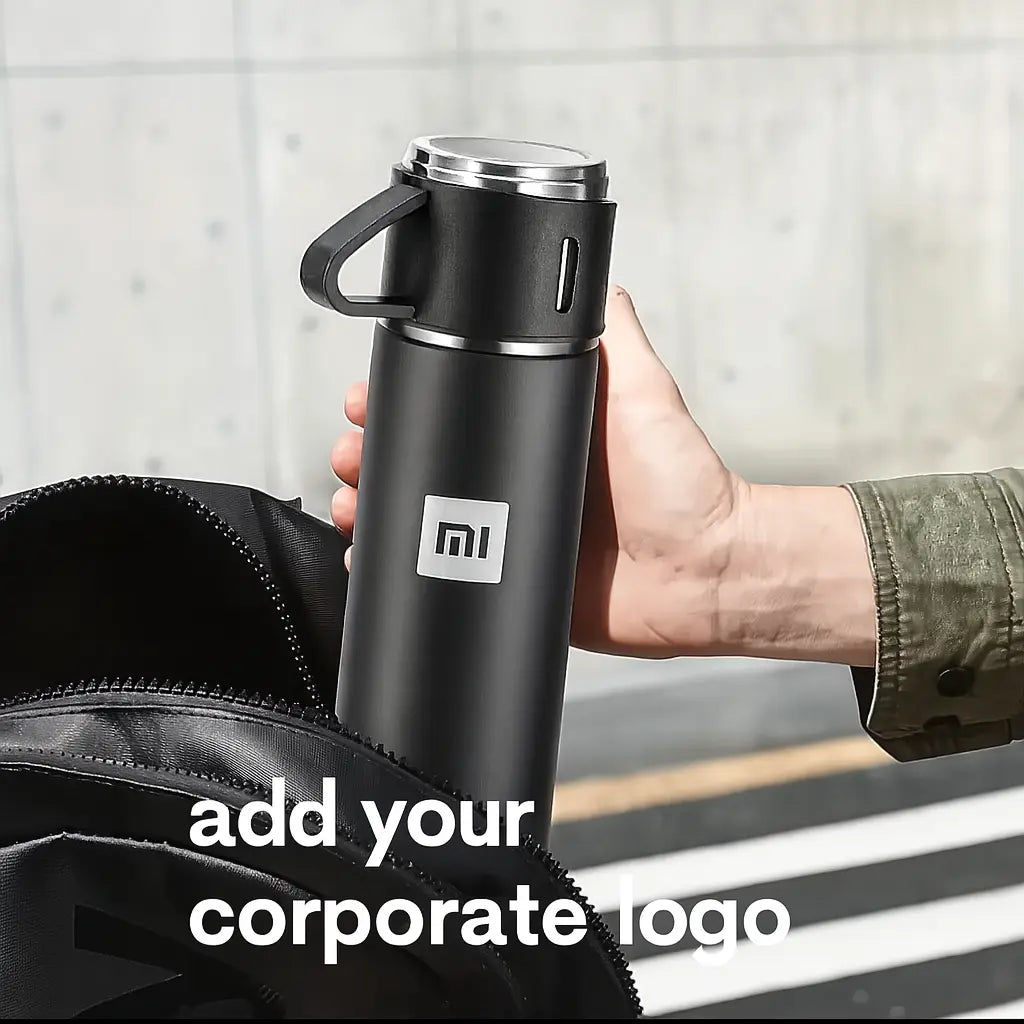 Personalized Vacuum Flask Gift Set – Custom Engraved Travel Thermos with Lid and Two Cups - Our3Designs