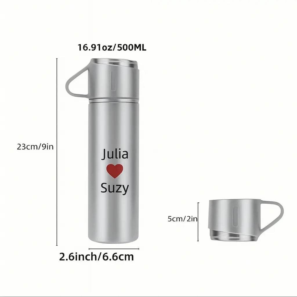 Personalized Vacuum Flask Gift Set – Custom Engraved Travel Thermos with Lid and Two Cups - Our3Designs
