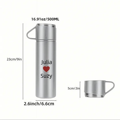Personalized Vacuum Flask Gift Set – Custom Engraved Travel Thermos with Lid and Two Cups - Our3Designs