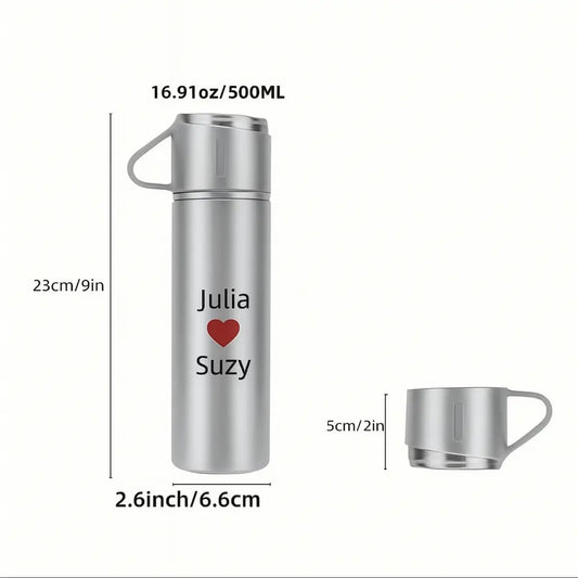 Personalized Vacuum Flask Gift Set – Custom Engraved Travel Thermos with Lid and Two Cups - Our3Designs
