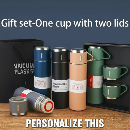 Personalized Vacuum Flask Gift Set – Custom Engraved Travel Thermos with Lid and Two Cups - Our3Designs
