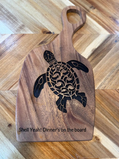 Sea Turtle Cutting Board – Funny Engraved Gift, “Shell Yeah!”, Coastal Kitchen Decor - Our3Designs
