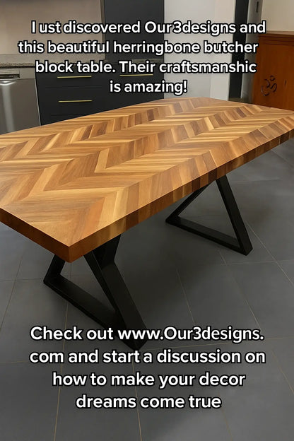 72x39” Handmade Wood Dining Table – Chevron Top, Black Steel Base, Modern Design - Our3Designs