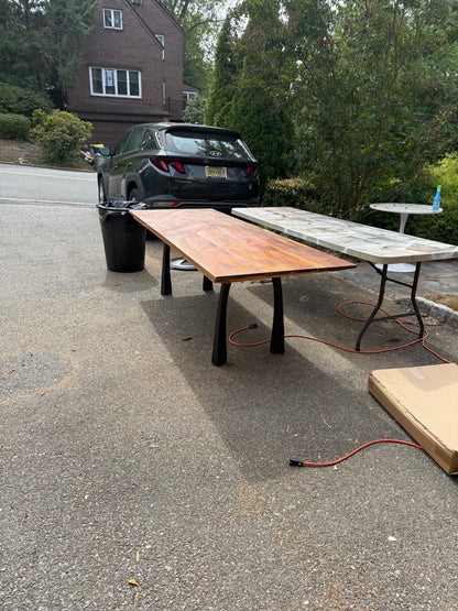 95” Luxury Teak Dining Table with Modern Black Metal Legs Our3Designs