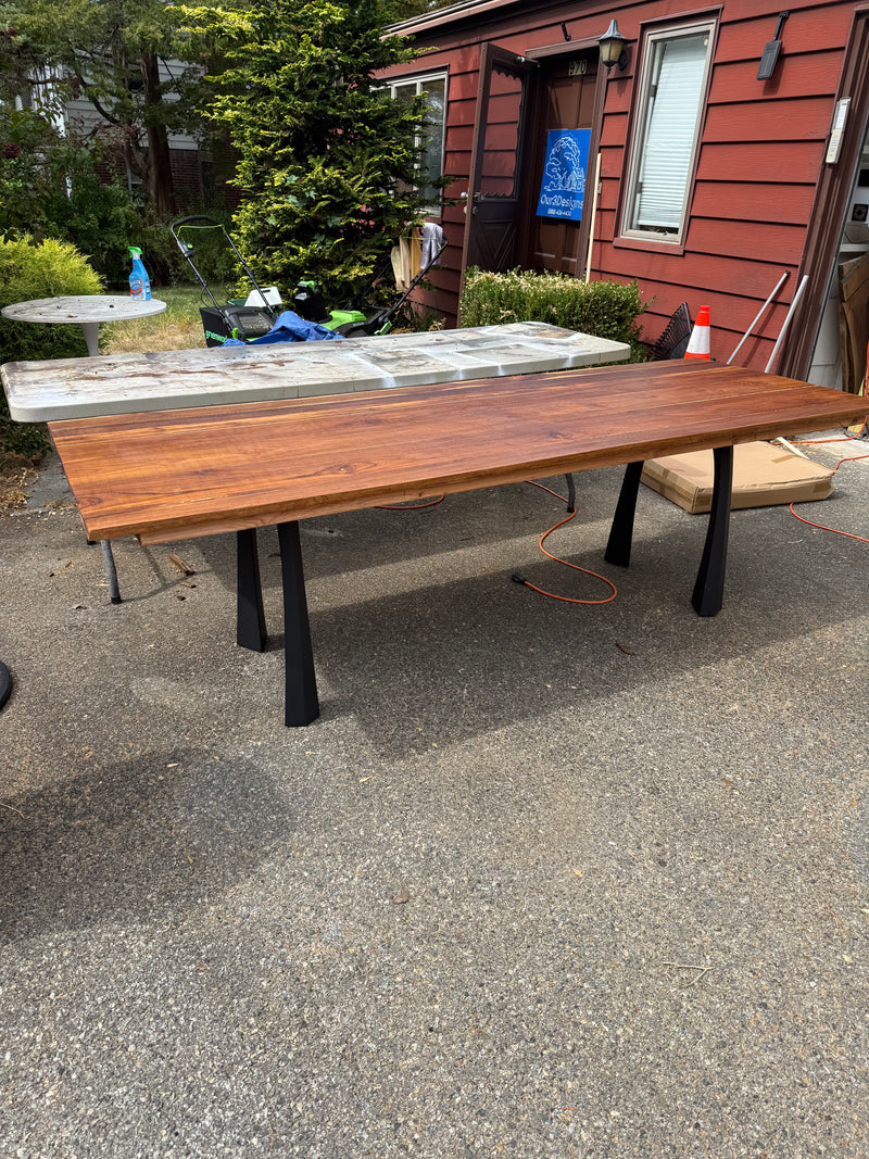95” Luxury Teak Dining Table – Handcrafted Solid Wood Slab Table with Modern Black Metal Legs – Elegant Statement Furniture for Upscale Dining Our3Designs