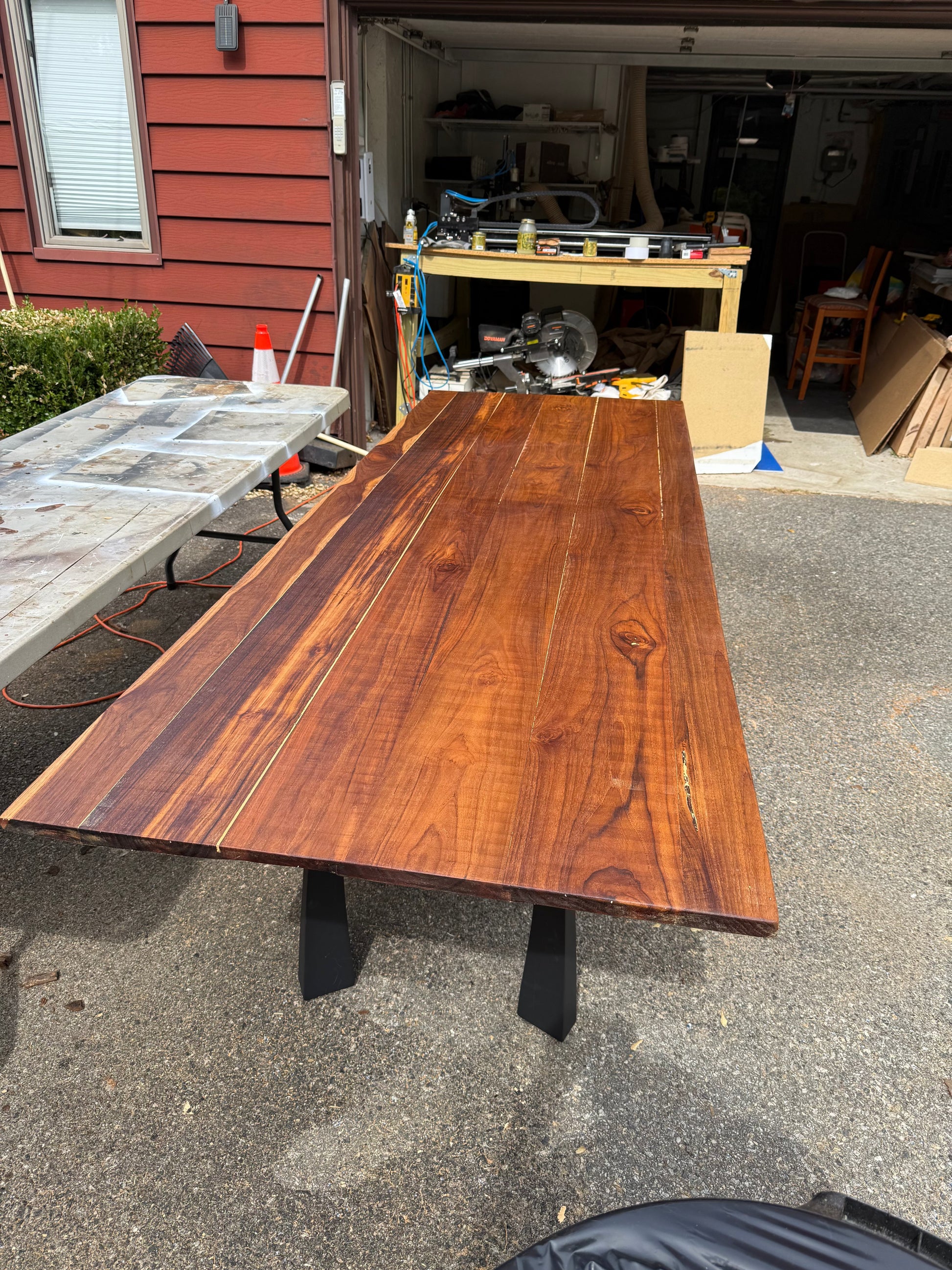 95” Luxury Teak Dining Table with Modern Black Metal Legs Our3Designs