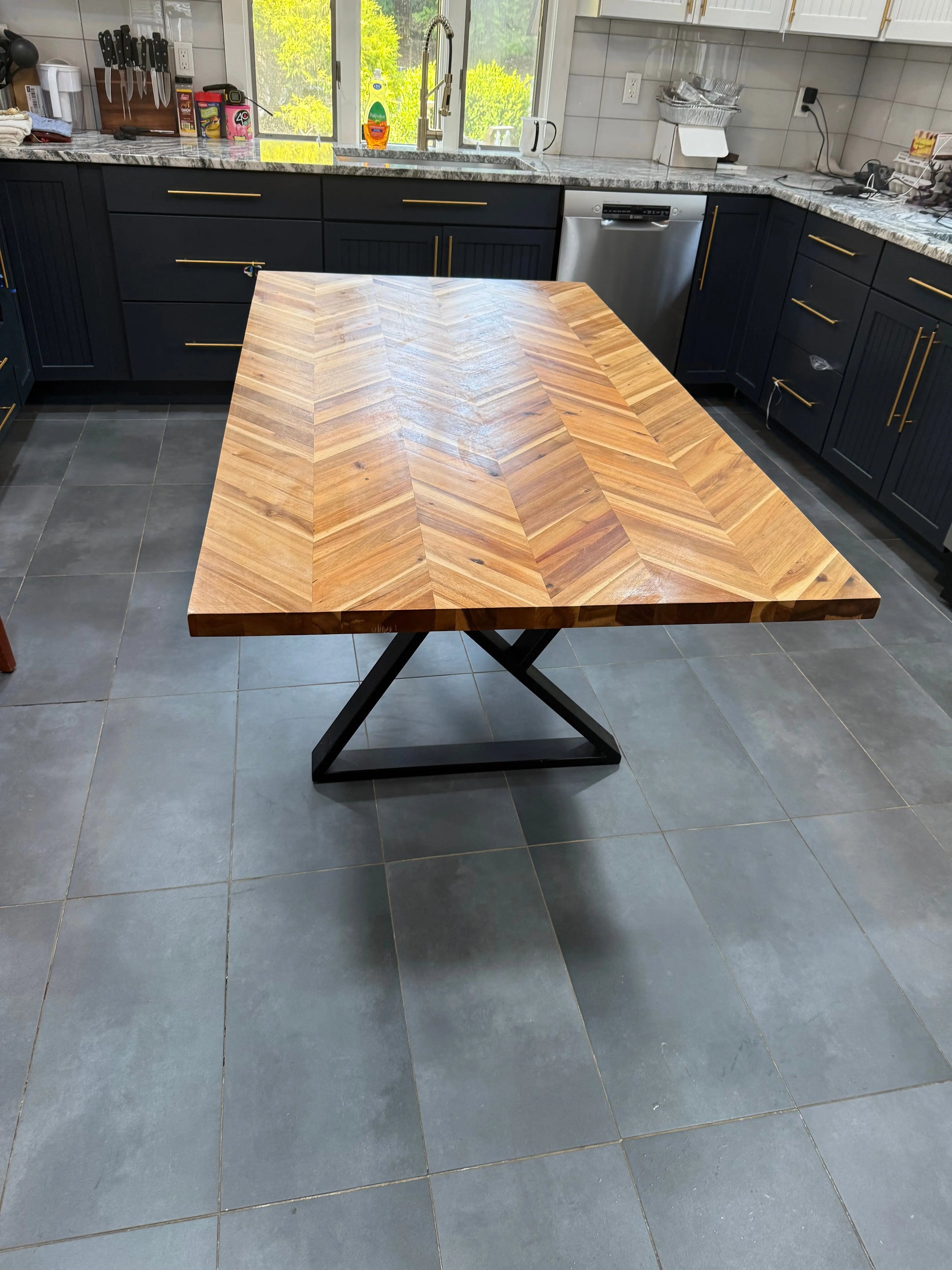 72x39” Handmade Wood Dining Table – Chevron Top, Black Steel Base, Modern Design - Our3Designs