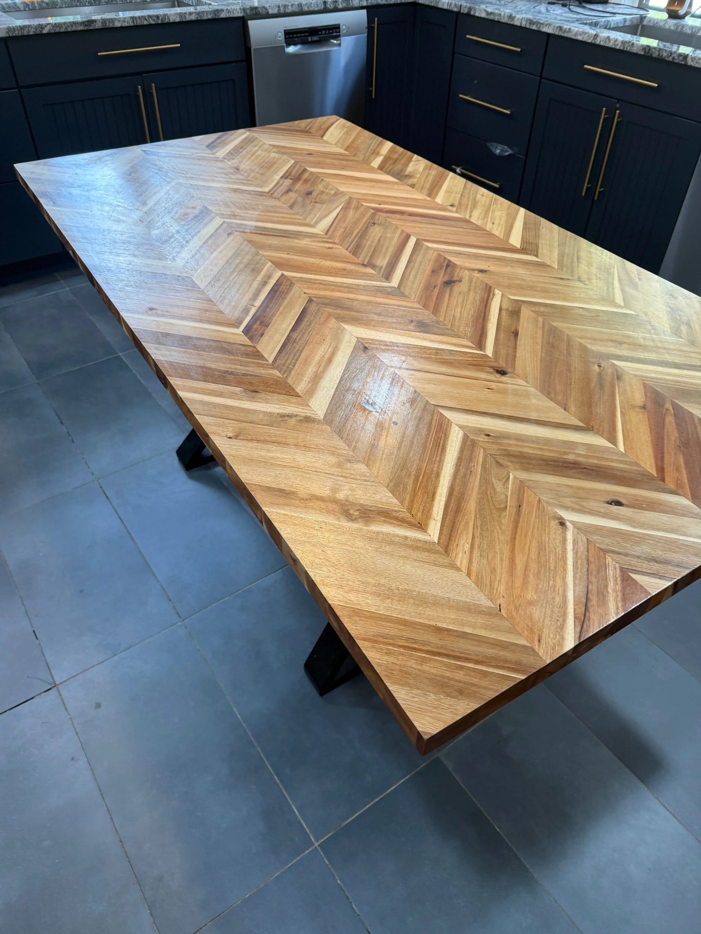 72x39” Handmade Wood Dining Table – Chevron Top, Black Steel Base, Modern Design - Our3Designs