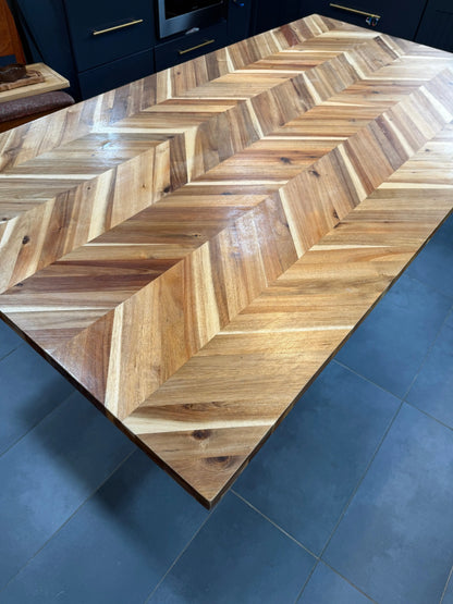 72x39” Handmade Wood Dining Table – Chevron Top, Black Steel Base, Modern Design - Our3Designs