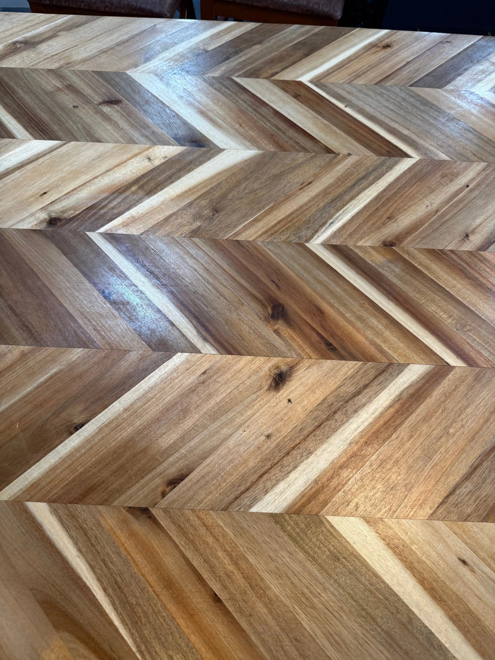 72x39” Handmade Wood Dining Table – Chevron Top, Black Steel Base, Modern Design - Our3Designs