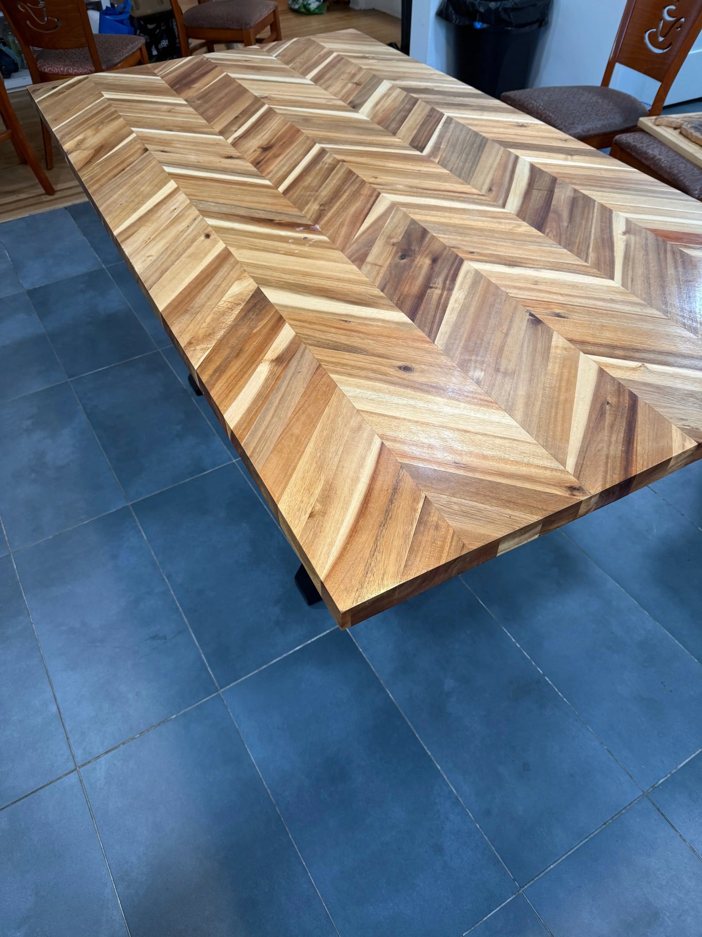 72x39” Handmade Wood Dining Table – Chevron Top, Black Steel Base, Modern Design - Our3Designs