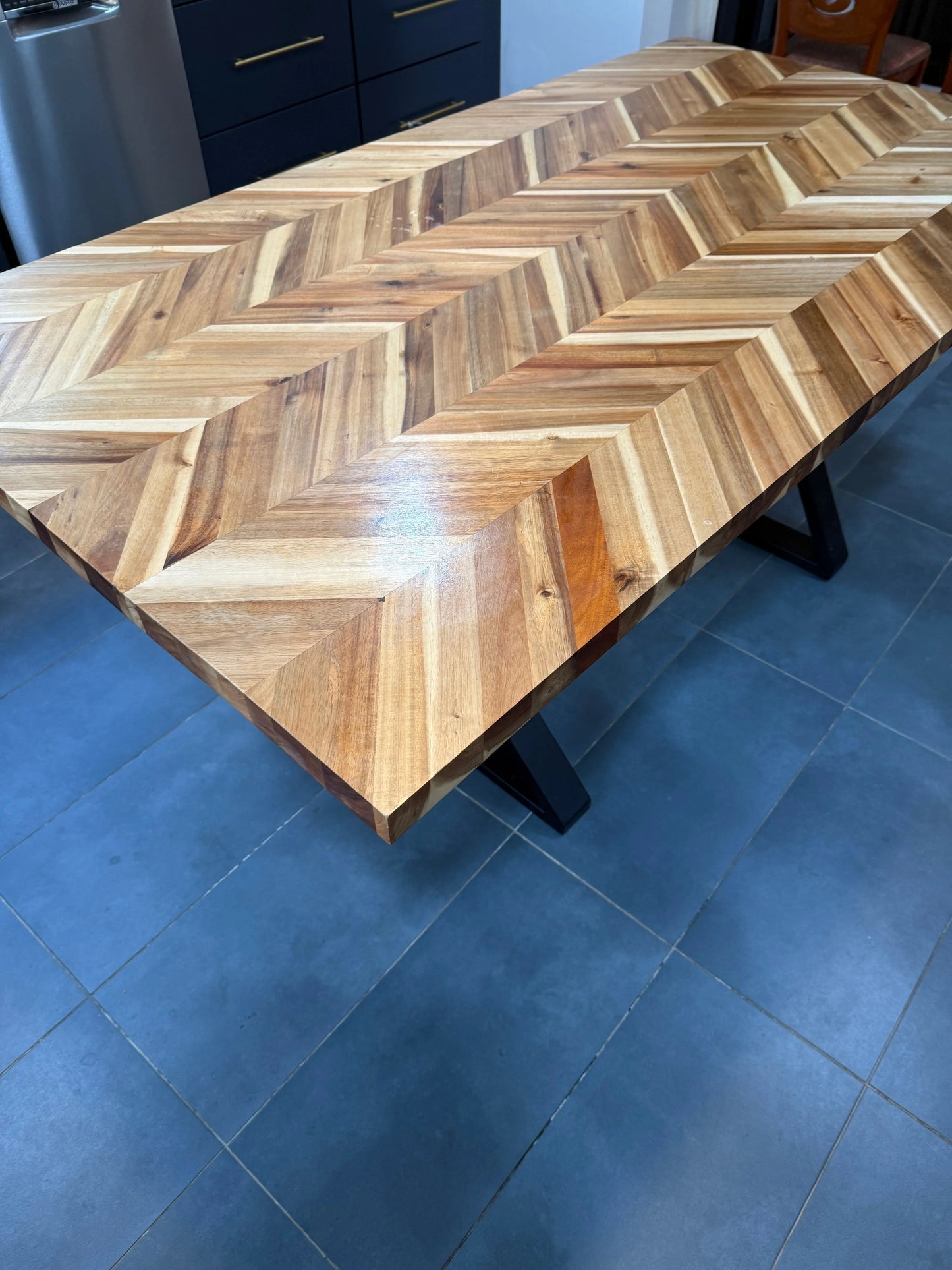 72x39” Handmade Wood Dining Table – Chevron Top, Black Steel Base, Modern Design - Our3Designs
