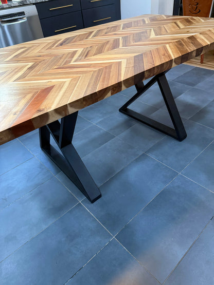 72x39” Handmade Wood Dining Table – Chevron Top, Black Steel Base, Modern Design - Our3Designs