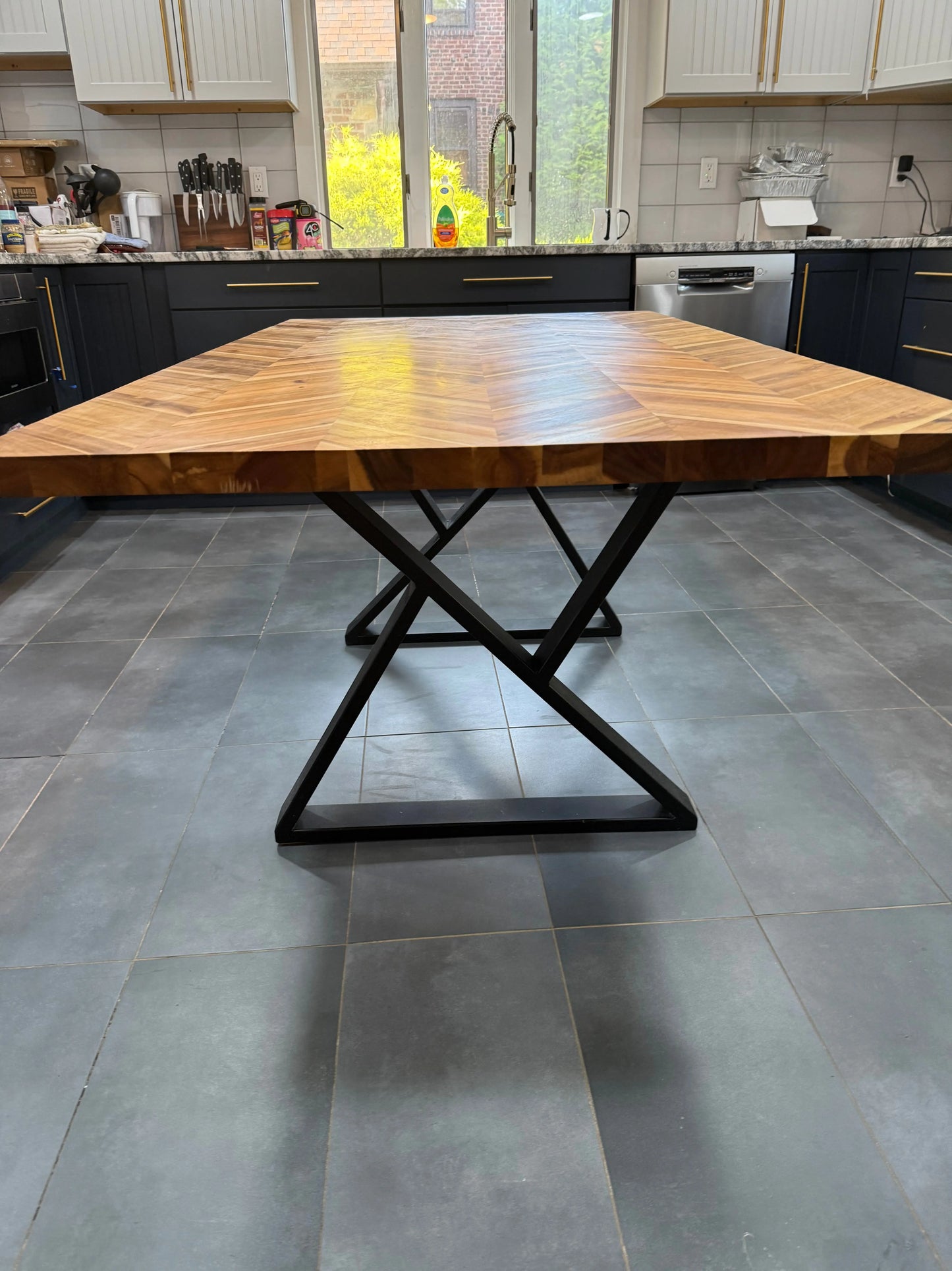 72x39” Handmade Wood Dining Table – Chevron Top, Black Steel Base, Modern Design - Our3Designs