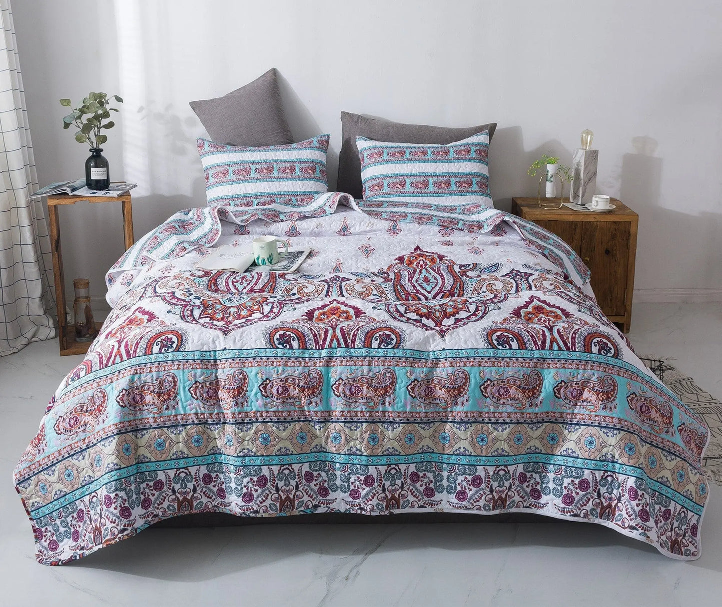 DaDa Bedding Bohemian Summertime White Blue Floral Paisley Bedspread Set (KSX-003) DaDalogy Bedding Collection