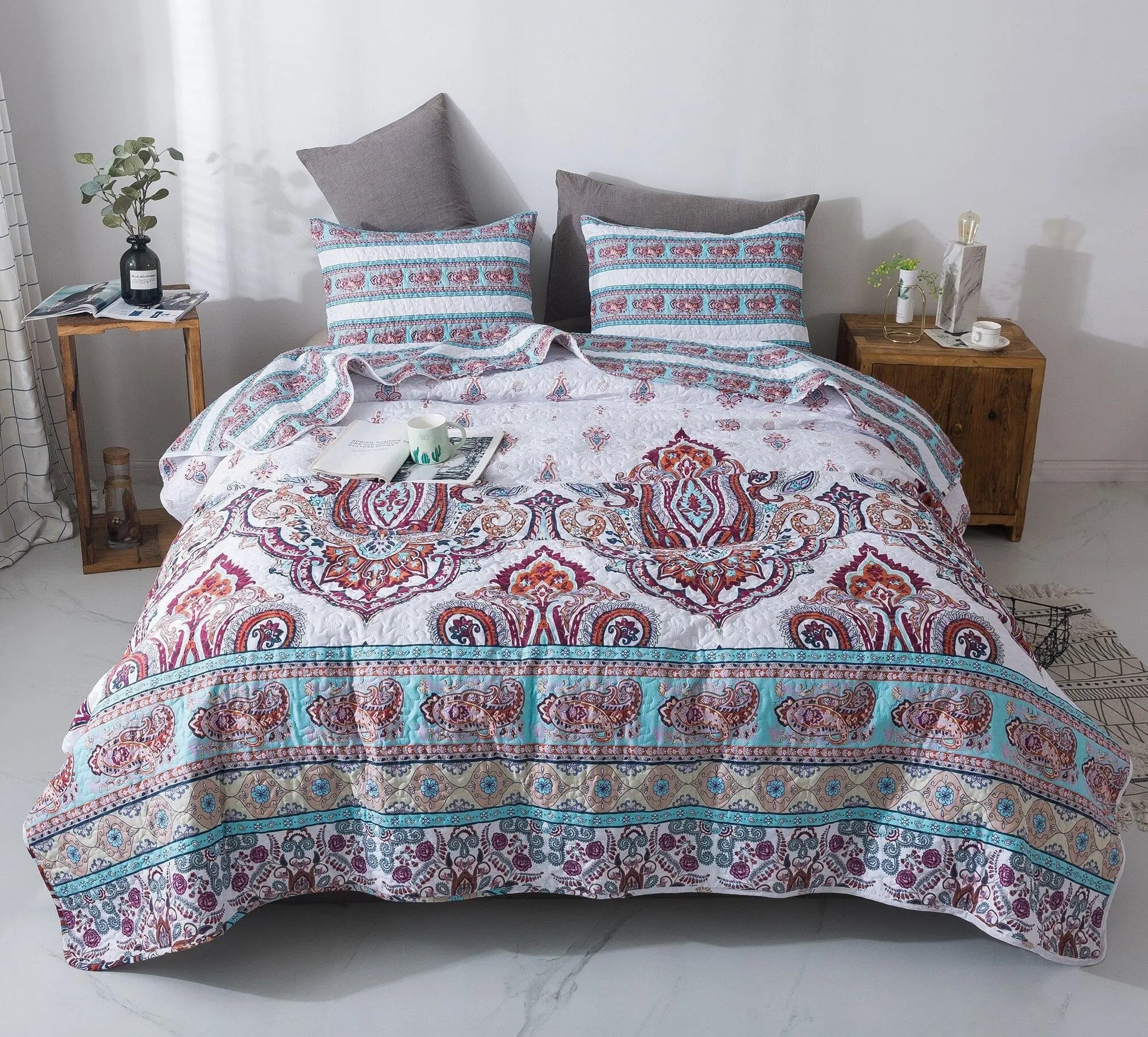 DaDa Bedding Bohemian Summertime White Blue Floral Paisley Bedspread Set (KSX-003) DaDalogy Bedding Collection