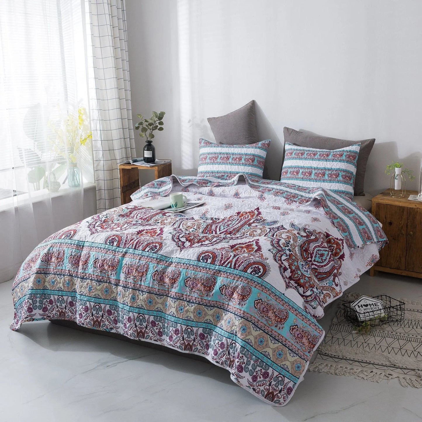 DaDa Bedding Bohemian Summertime White Blue Floral Paisley Bedspread Set (KSX-003) DaDalogy Bedding Collection
