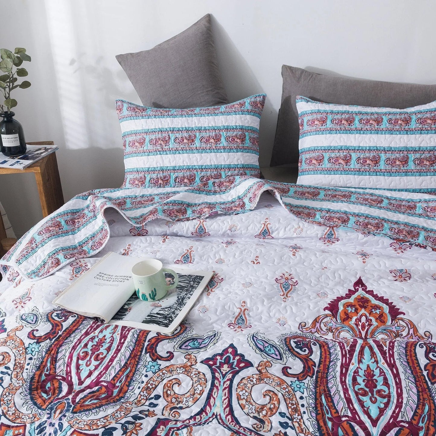 DaDa Bedding Bohemian Summertime White Blue Floral Paisley Bedspread Set (KSX-003) DaDalogy Bedding Collection