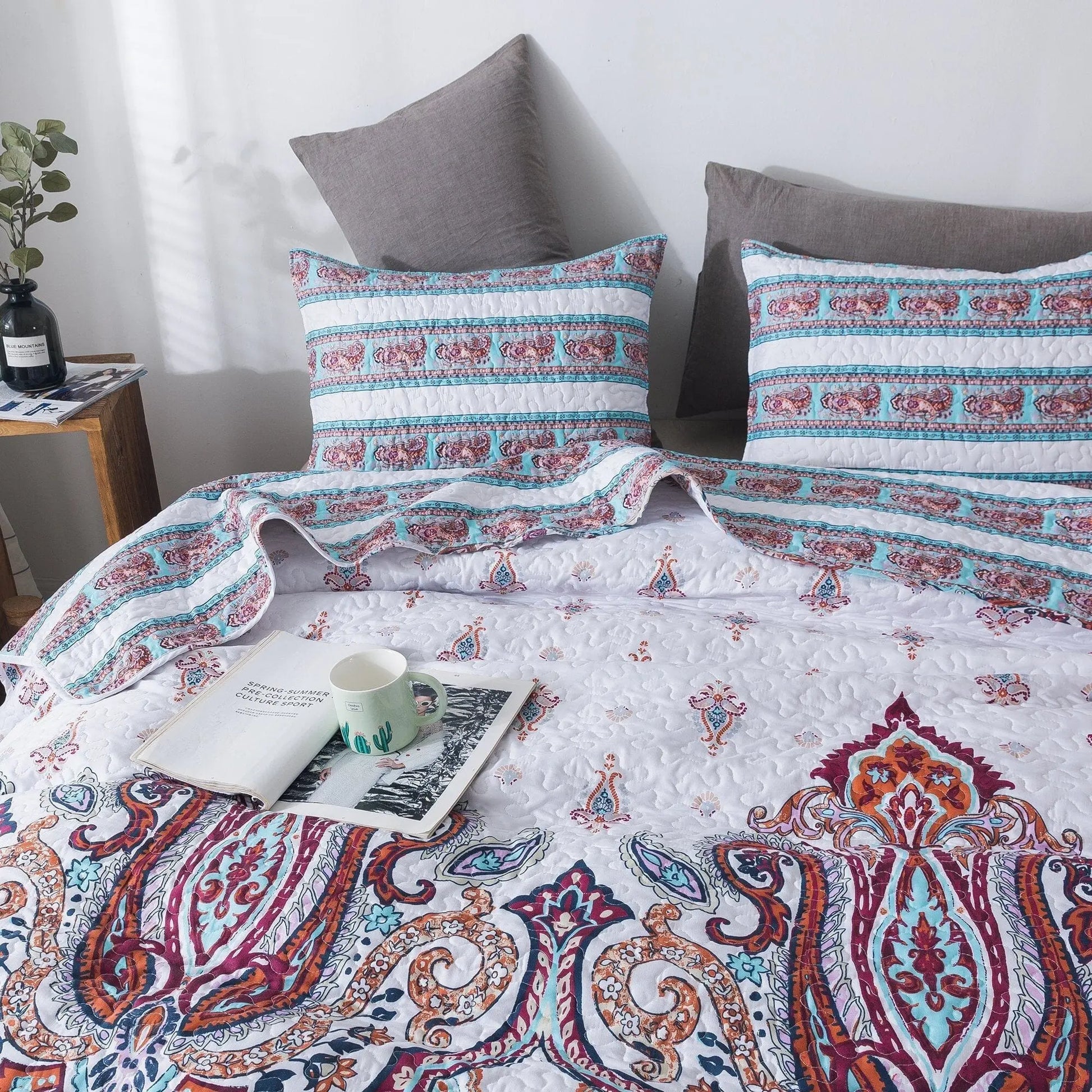 DaDa Bedding Bohemian Summertime White Blue Floral Paisley Bedspread Set (KSX-003) DaDalogy Bedding Collection