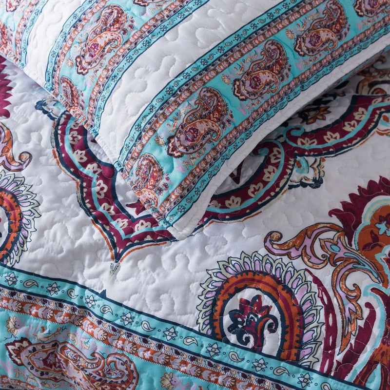 DaDa Bedding Bohemian Summertime White Blue Floral Paisley Bedspread Set (KSX-003) DaDalogy Bedding Collection