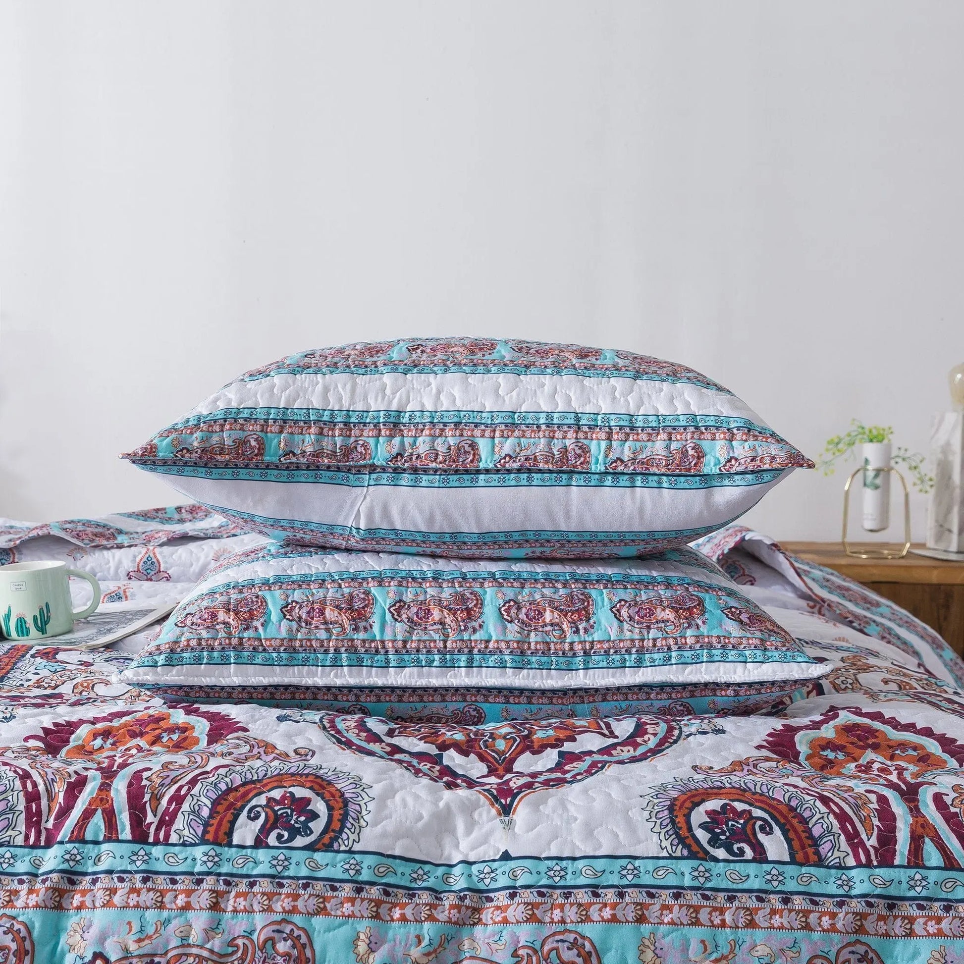 DaDa Bedding Bohemian Summertime White Blue Floral Paisley Bedspread Set (KSX-003) DaDalogy Bedding Collection