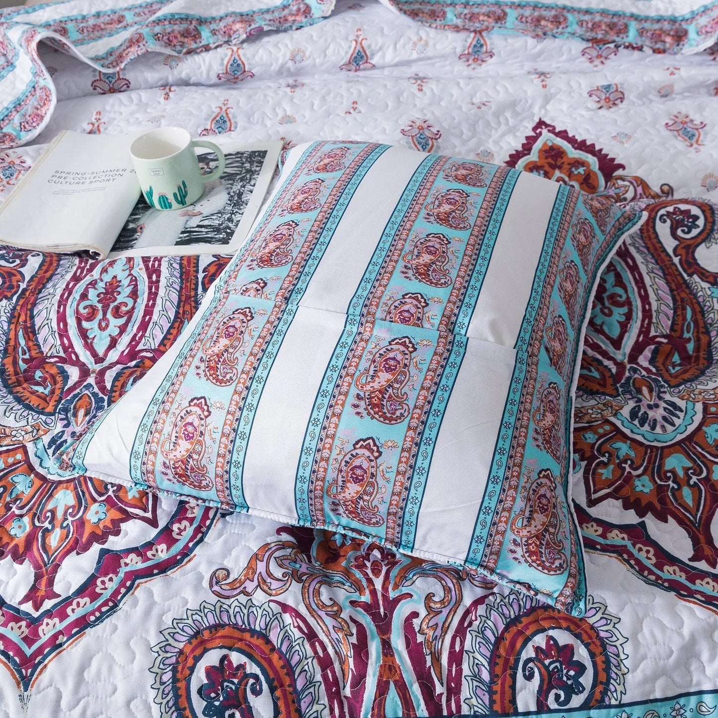 DaDa Bedding Bohemian Summertime White Blue Floral Paisley Bedspread Set (KSX-003) DaDalogy Bedding Collection