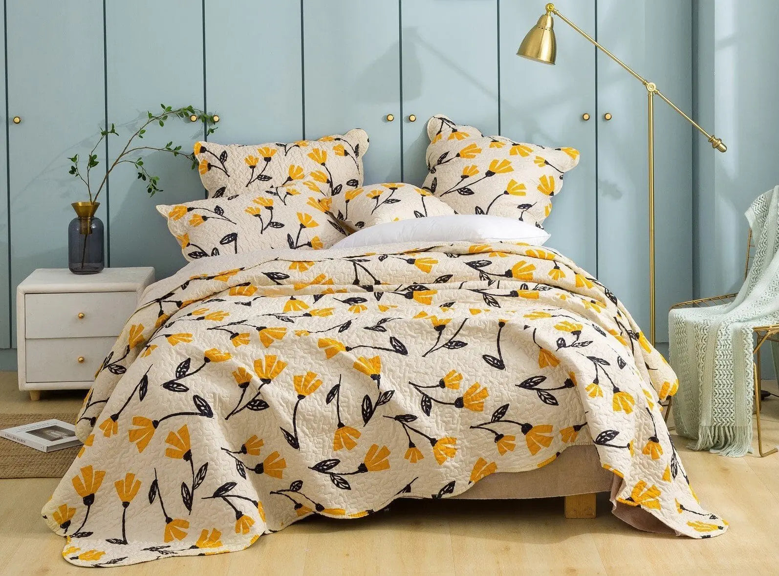 DaDa Bed in a Bag Bundle Set - Yellow Fleur Botanical Ivory Tan Floral Bedding Set (18112) DaDalogy Bedding Collection