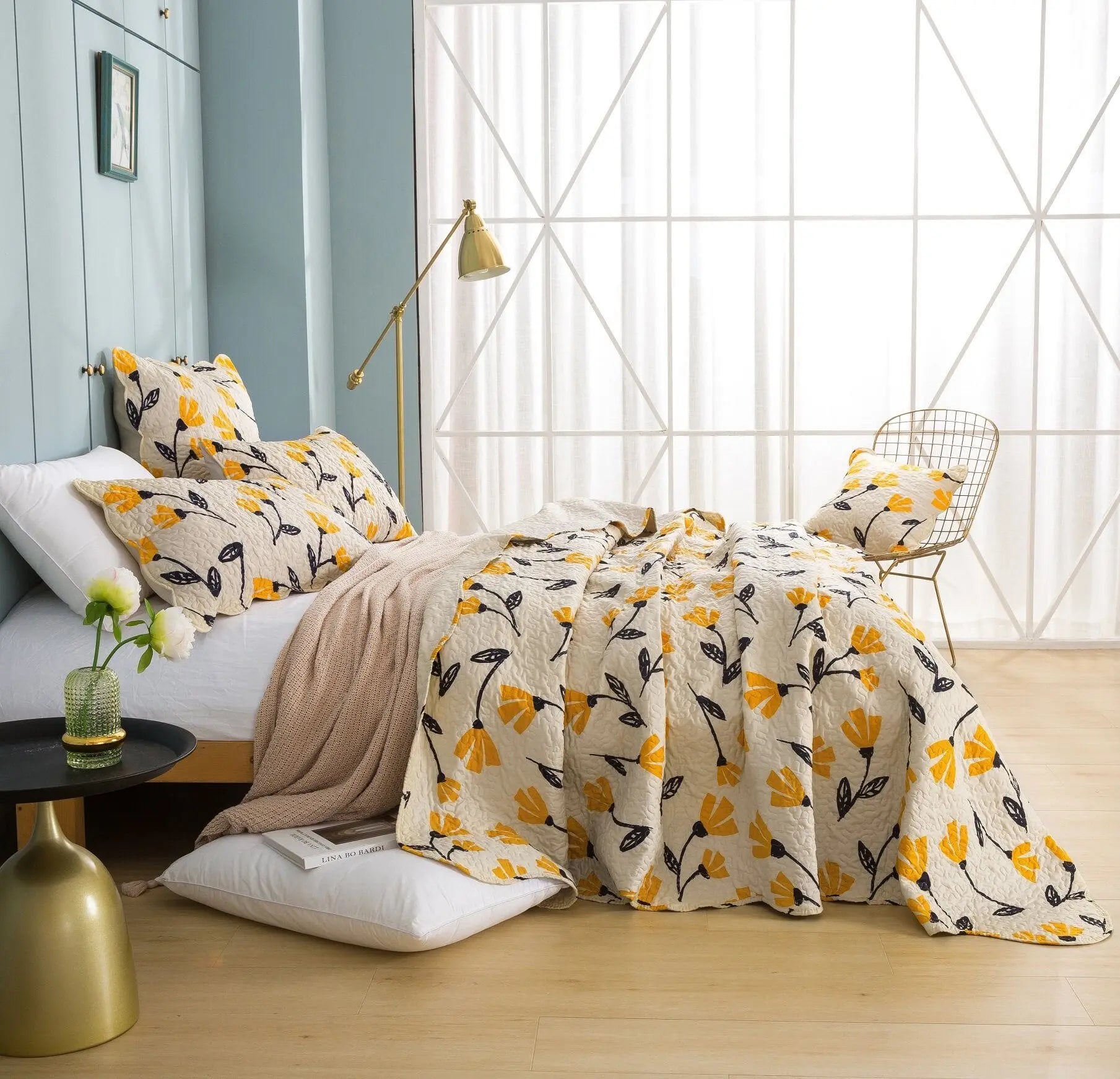 DaDa Bed in a Bag Bundle Set - Yellow Fleur Botanical Ivory Tan Floral Bedding Set (18112) DaDalogy Bedding Collection