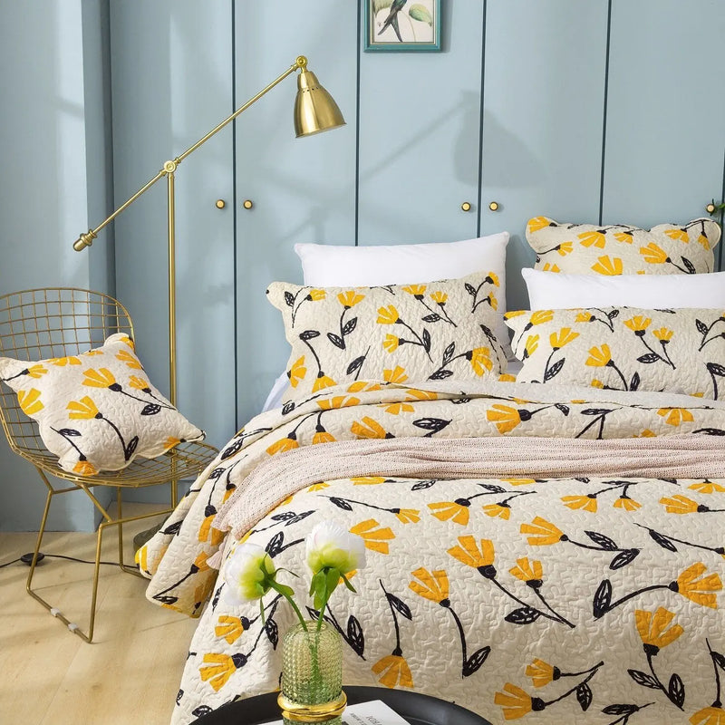 DaDa Bed in a Bag Bundle Set - Yellow Fleur Botanical Ivory Tan Floral Bedding Set (18112) DaDalogy Bedding Collection