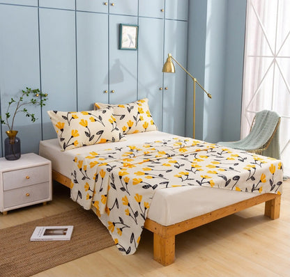 DaDa Bed in a Bag Bundle Set - Yellow Fleur Botanical Ivory Tan Floral Bedding Set (18112) DaDalogy Bedding Collection