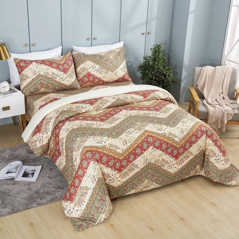 DaDa Bedding Botanical Cranberry Sage Chevron Floral Duvet Cover Set w/ Pillow Cases (JHW-924) DaDalogy Bedding Collection