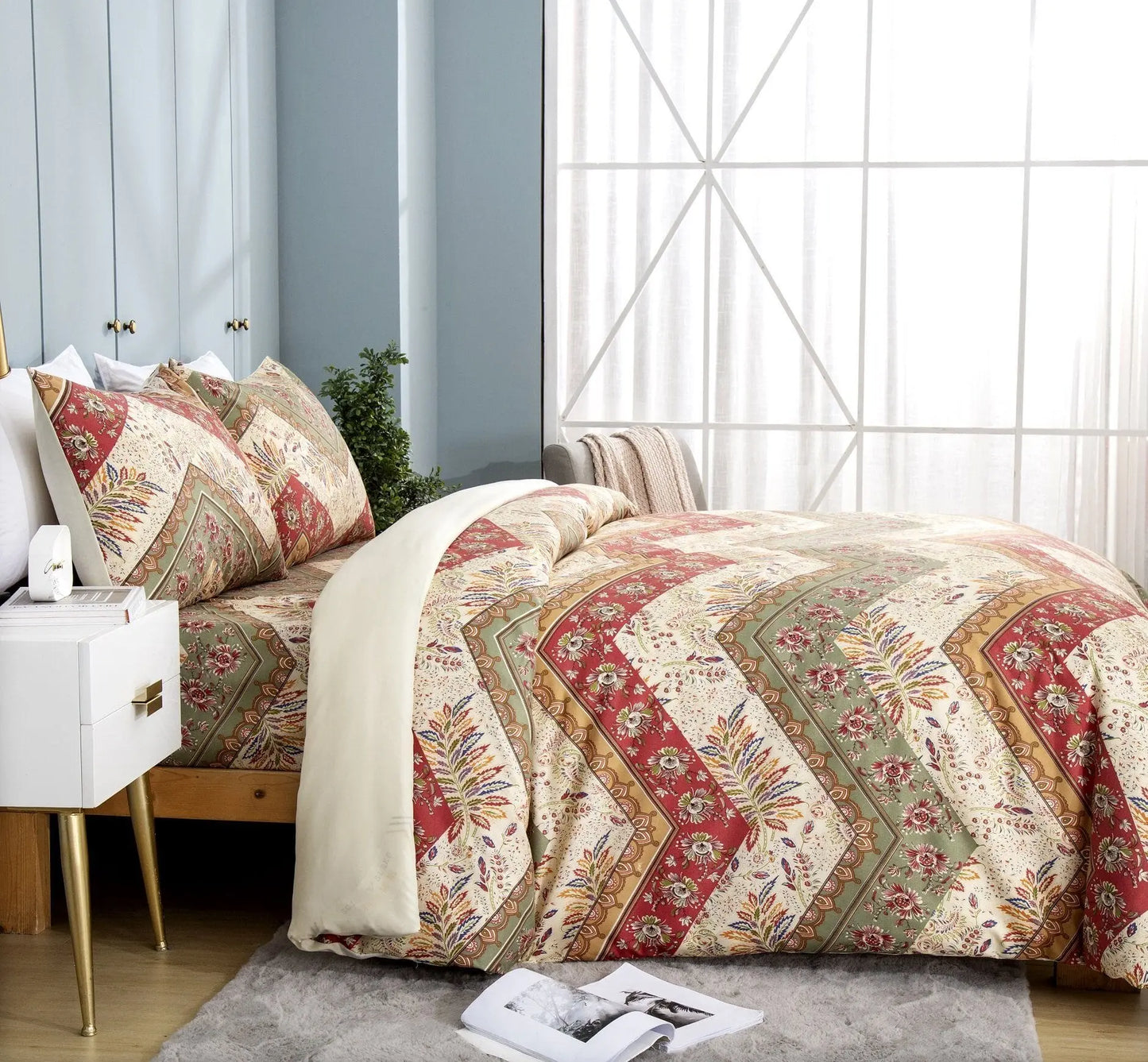 DaDa Bedding Botanical Cranberry Sage Chevron Floral Duvet Cover Set w/ Pillow Cases (JHW-924) DaDalogy Bedding Collection