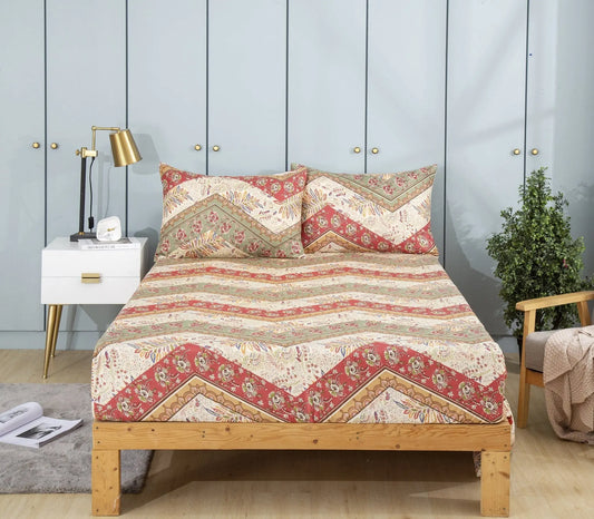 DaDa Bedding Botanical Cranberry Sage Chevron Floral Fitted Bed Sheet w/ Pillow Cases (JHW-924-Fitted) DaDalogy Bedding Collection