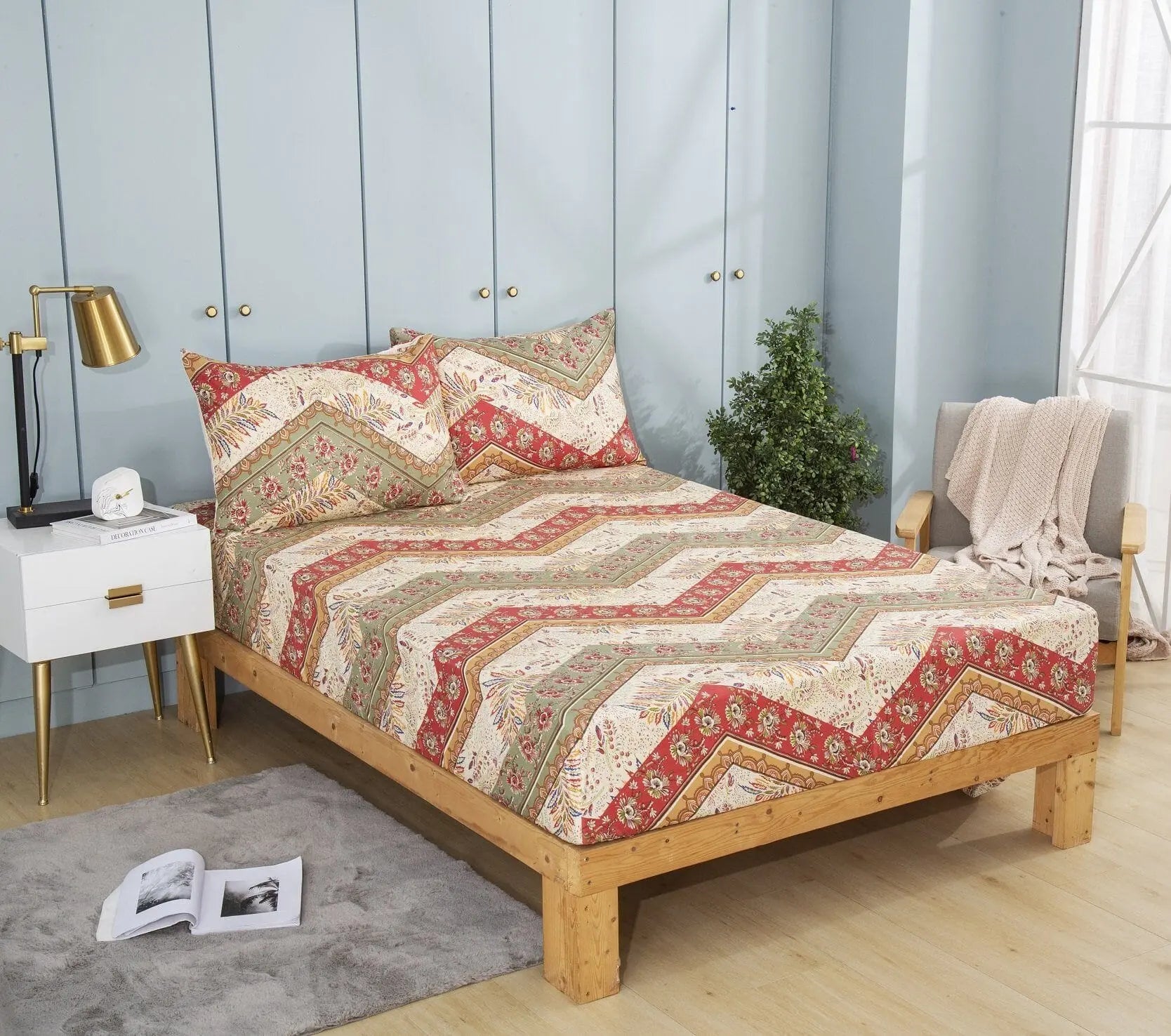 DaDa Bedding Botanical Cranberry Sage Chevron Floral Fitted Bed Sheet w/ Pillow Cases (JHW-924-Fitted) DaDalogy Bedding Collection