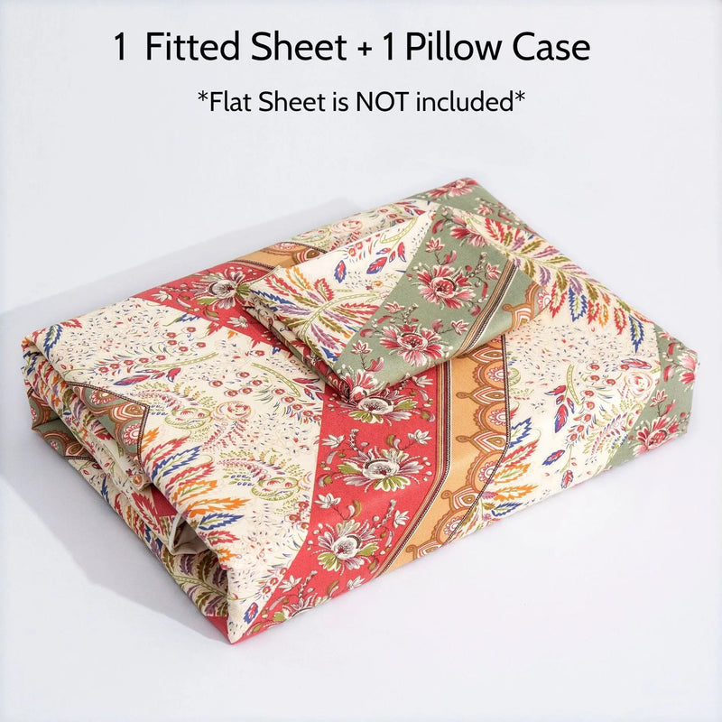DaDa Bedding Botanical Cranberry Sage Chevron Floral Fitted Bed Sheet w/ Pillow Cases (JHW-924-Fitted) DaDalogy Bedding Collection