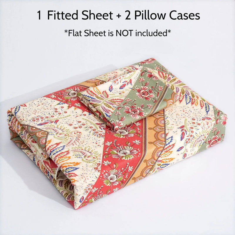 DaDa Bedding Botanical Cranberry Sage Chevron Floral Fitted Bed Sheet w/ Pillow Cases (JHW-924-Fitted) DaDalogy Bedding Collection