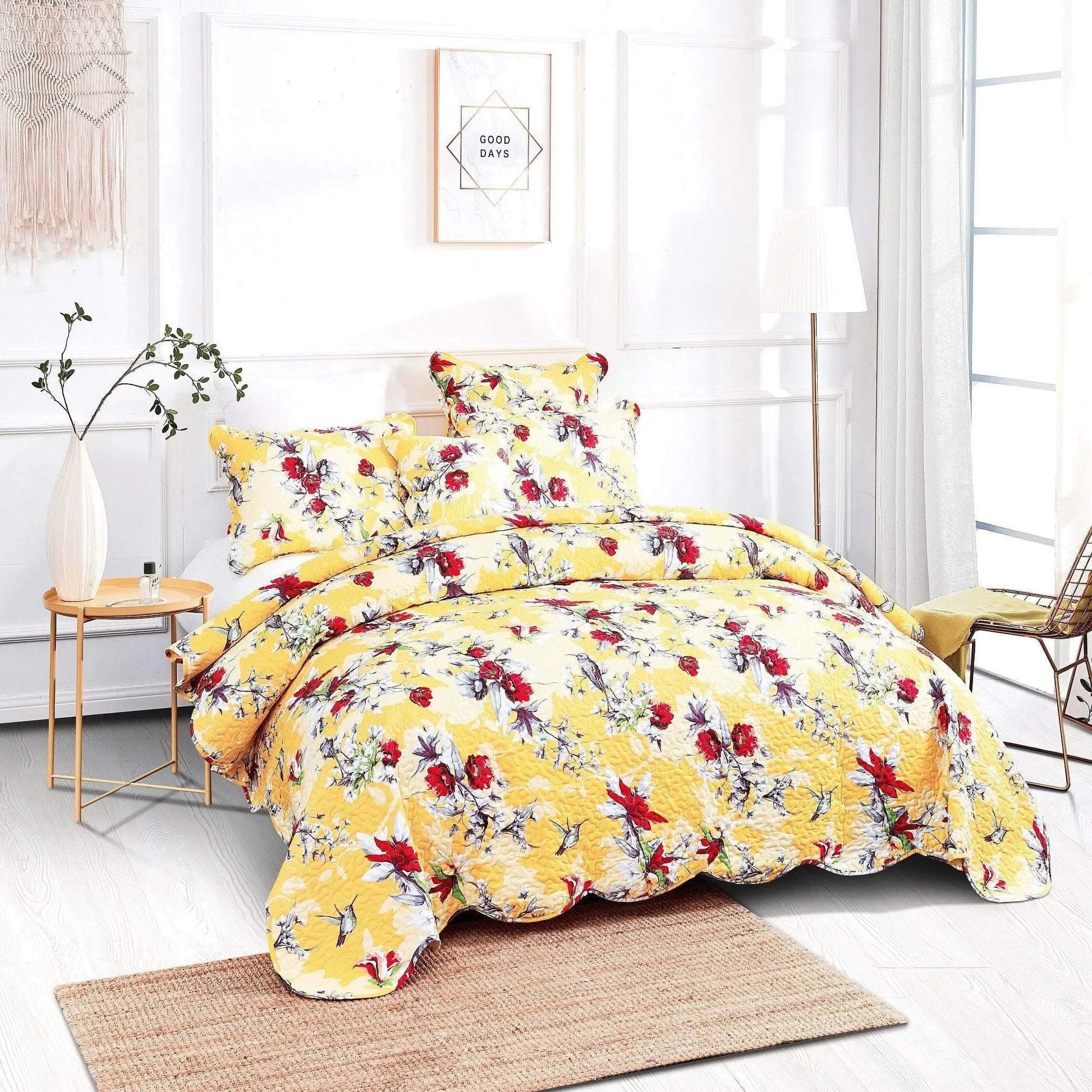 DaDa Bedding Bed in a Bag Bundle Set - Radiant Sunshine Yellow Hummingbirds Floral Bedding Set (JHW-925) DaDalogy Bedding Collection