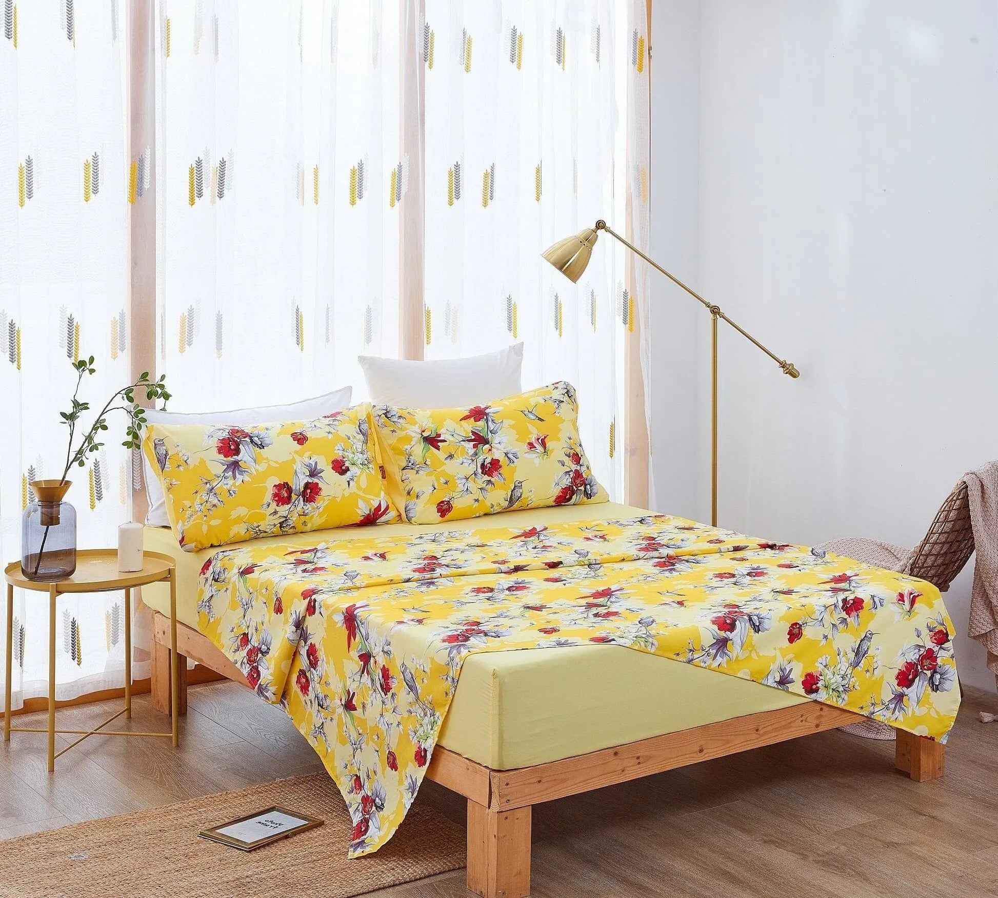 DaDa Bedding Bed in a Bag Bundle Set - Radiant Sunshine Yellow Hummingbirds Floral Bedding Set (JHW-925) DaDalogy Bedding Collection