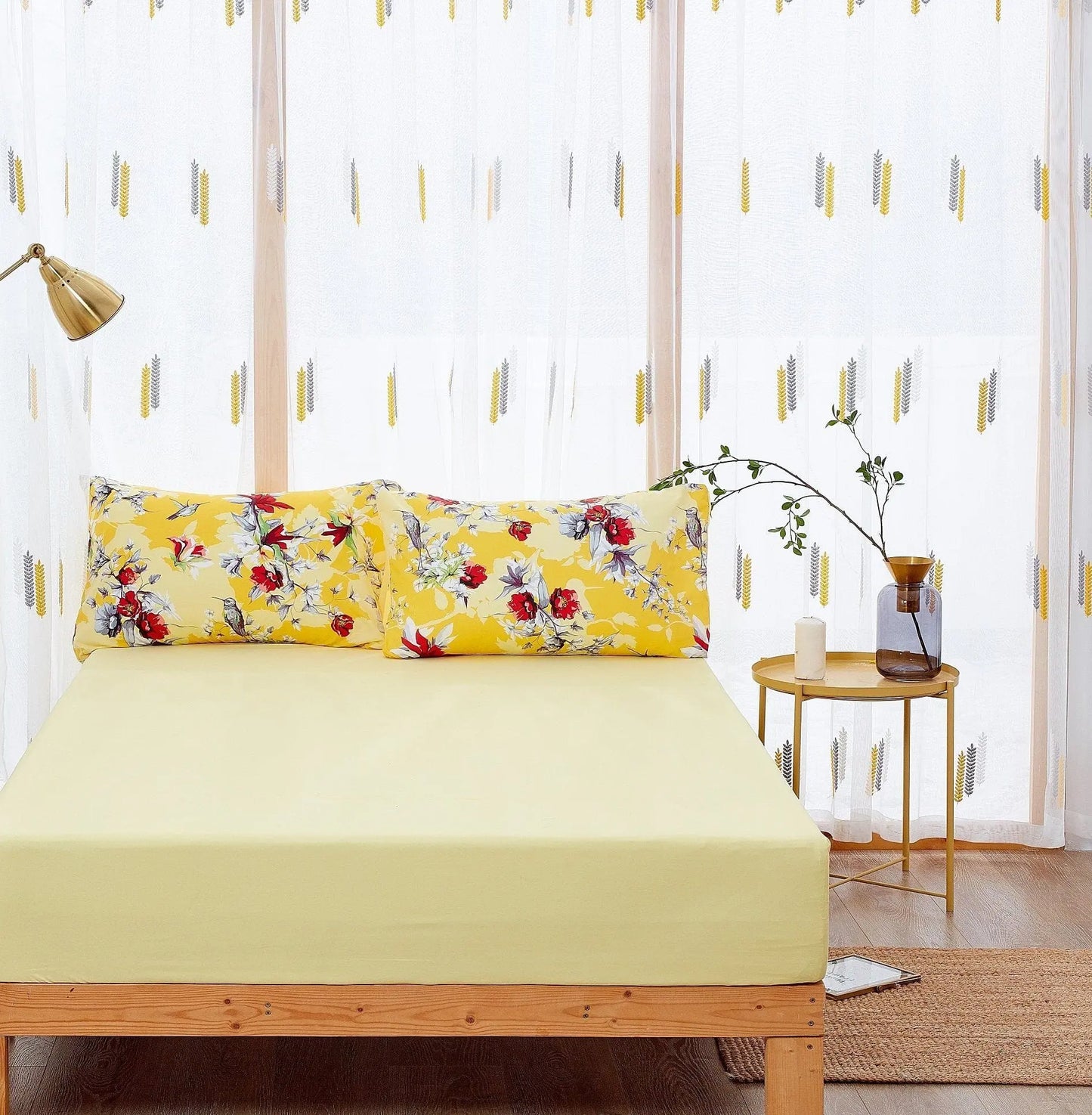 DaDa Bedding Bed in a Bag Bundle Set - Radiant Sunshine Yellow Hummingbirds Floral Bedding Set (JHW-925) DaDalogy Bedding Collection