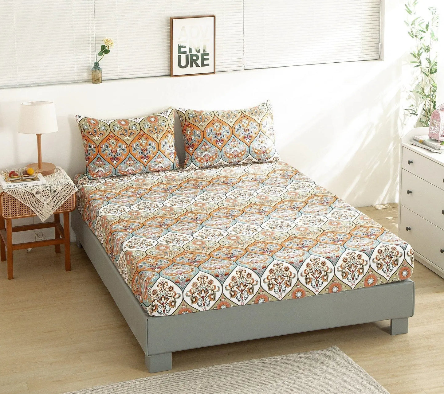 DaDa Bedding Bohemian Fitted Sheet w/Pillow Cases - Coral Teal Floral Paisley Botanical Garden Party - Bright Vibrant Multi-Colorful Blue Salmon Pink DaDalogy Bedding Collection