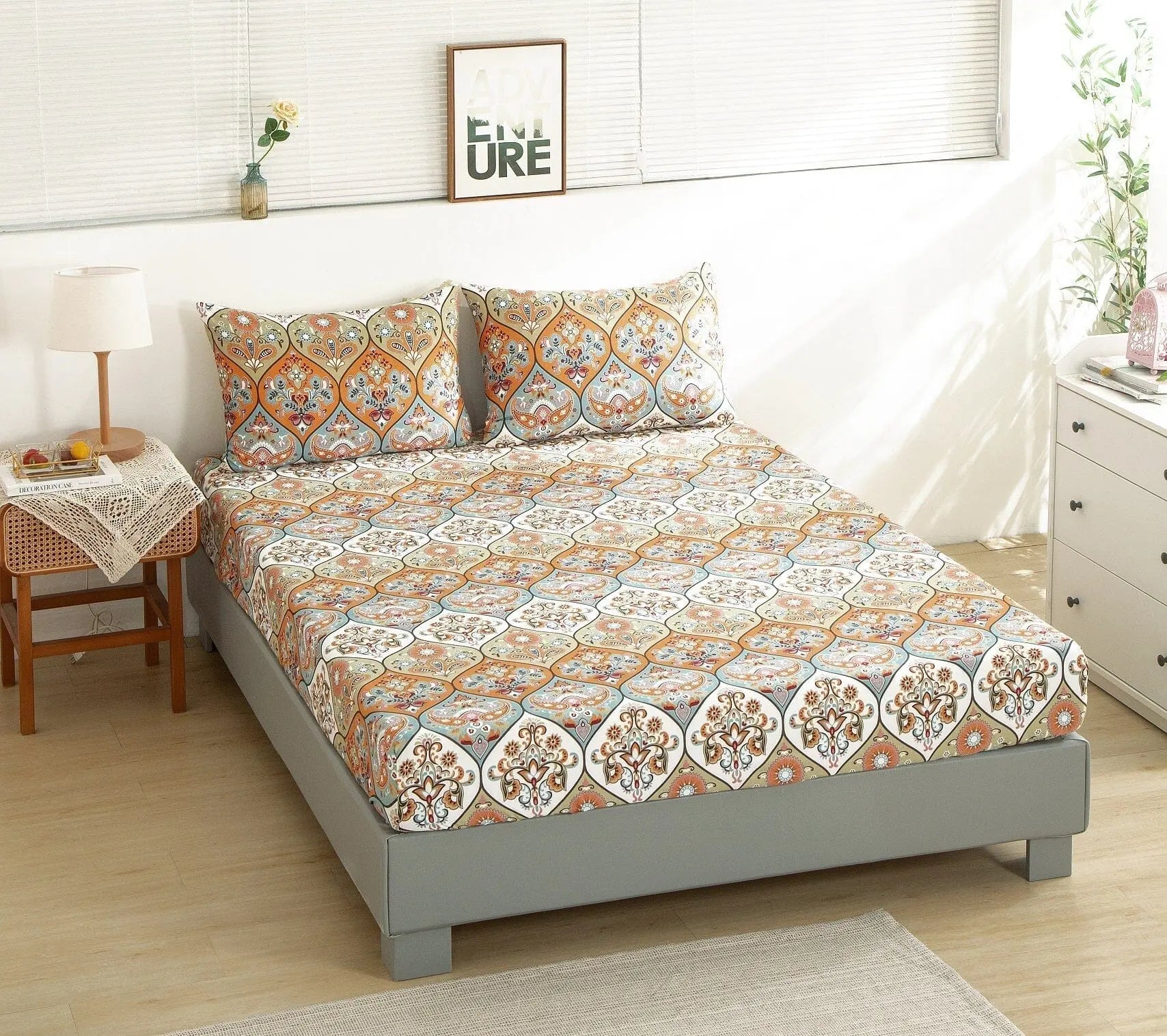 DaDa Bedding Bohemian Fitted Sheet w/Pillow Cases - Coral Teal Floral Paisley Botanical Garden Party - Bright Vibrant Multi-Colorful Blue Salmon Pink DaDalogy Bedding Collection