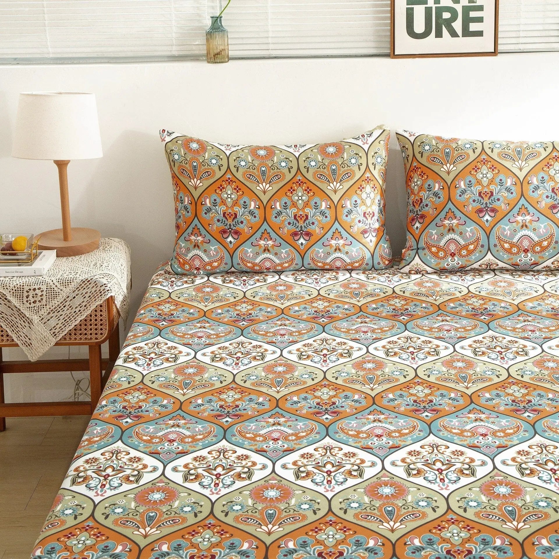 DaDa Bedding Bohemian Fitted Sheet w/Pillow Cases - Coral Teal Floral Paisley Botanical Garden Party - Bright Vibrant Multi-Colorful Blue Salmon Pink DaDalogy Bedding Collection