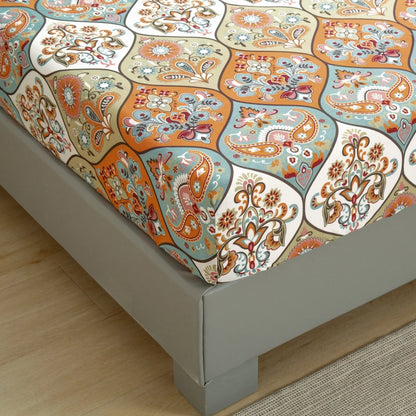 DaDa Bedding Bohemian Fitted Sheet w/Pillow Cases - Coral Teal Floral Paisley Botanical Garden Party - Bright Vibrant Multi-Colorful Blue Salmon Pink DaDalogy Bedding Collection