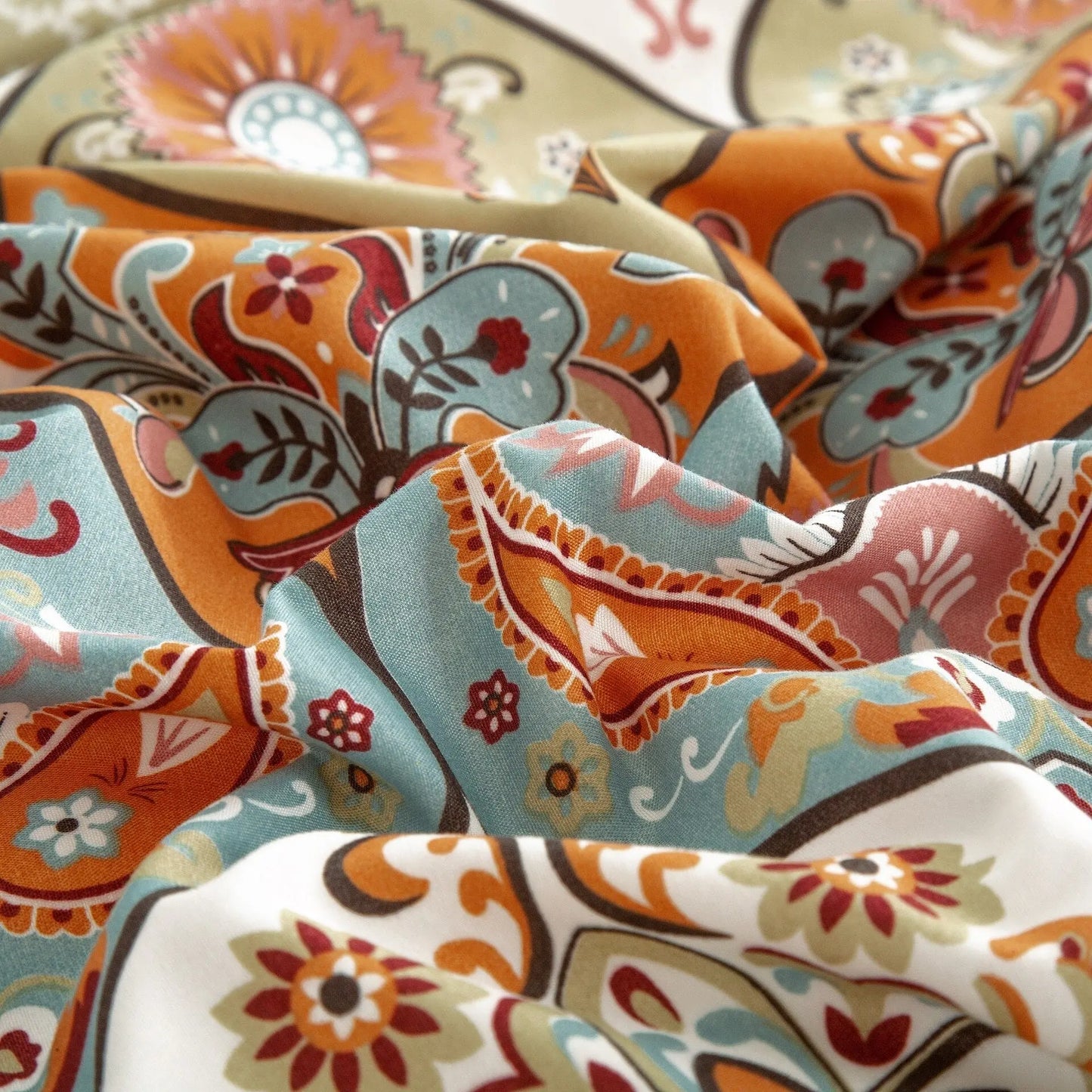 DaDa Bedding Bohemian Fitted Sheet w/Pillow Cases - Coral Teal Floral Paisley Botanical Garden Party - Bright Vibrant Multi-Colorful Blue Salmon Pink DaDalogy Bedding Collection